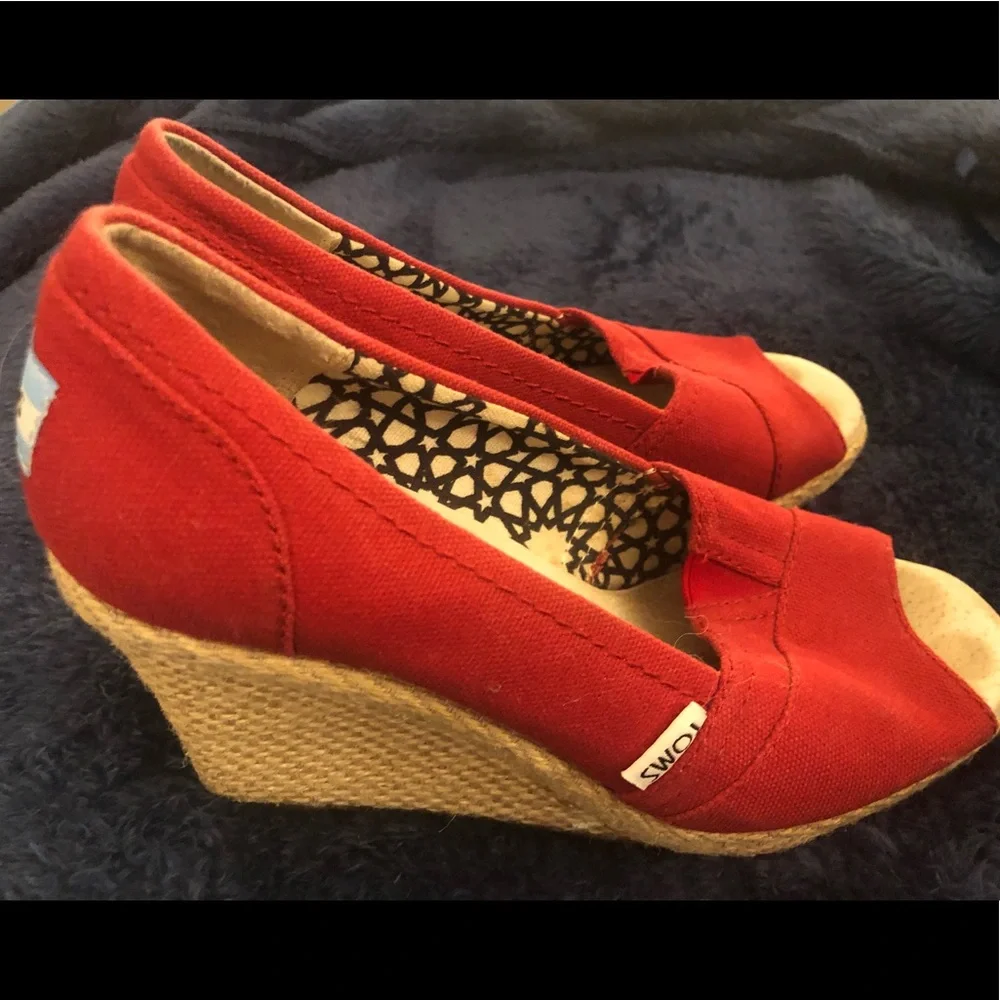 Toms Red Canvas Wedge Espadrilles